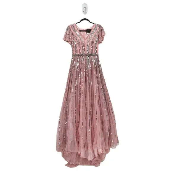 Mac Duggal Women 6 Striped Sequin V Neck Gown Rose Pink Beading 70108 NEW FLAW